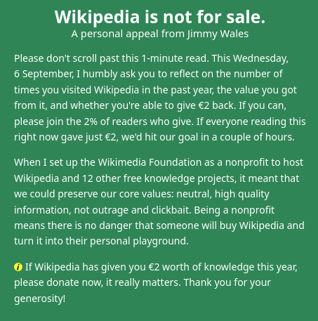 Wikipedia fundraiser banner, asking to donate 2€