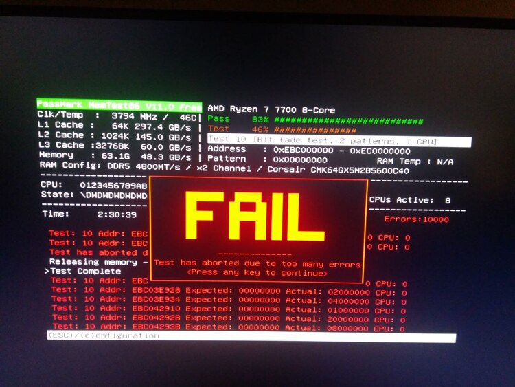 memtest FAIL message